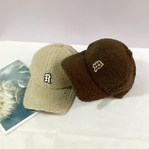 Winter fleece baseball caps with R embroidery in beige and brown colors for women
