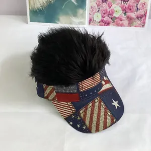 Detail of USA flag baseball cap with black synthetic wig hair for party outfits
