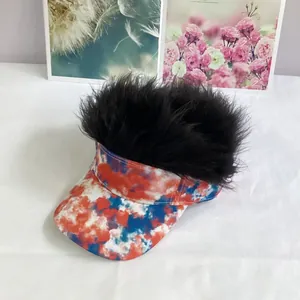 Close-up of funny wig baseball cap with red, white, and blue tie-dye pattern and black fluffy hair