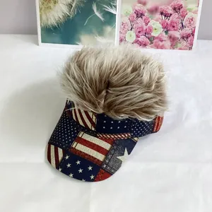 Detail of USA flag baseball cap with novelty wig hair for patriotic theme parties