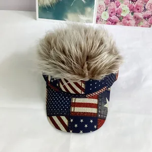 Detail of USA flag visor hat with light brown synthetic wig for Independence Day party