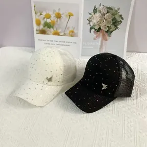 Breathable mesh baseball caps with sequins and butterfly metal buckle in black and white