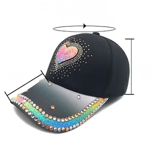 Detail view of heart sequin baseball cap with measurement dimensions 55-60cm circumference