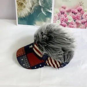 Detail of USA flag visor hat featuring integrated grey synthetic hair for cosplay party