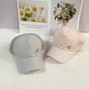 Breathable mesh baseball cap with sparkling sequins and metal butterfly accent for women