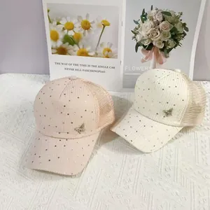 Breathable mesh sun hat with sequins and metal butterfly in pink and beige colors