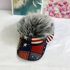 Detail of USA flag baseball cap with integrated grey synthetic wig for party costumes