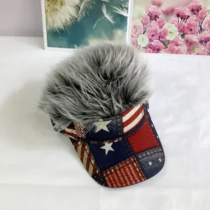 Detail of grey synthetic hair top and American flag pattern on the hip-hop baseball cap