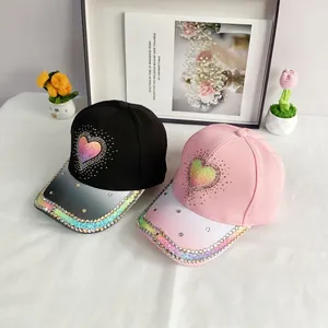 Women's baseball cap set with colorful rhinestone heart and gradient crystal brim details