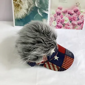 Detail of USA flag baseball cap with grey synthetic wig hair for party and holiday fun