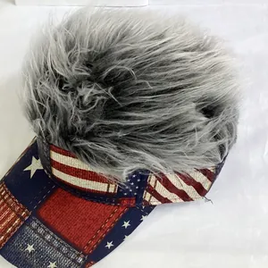 Top view of USA flag baseball cap featuring thick grey synthetic wig hair extensions