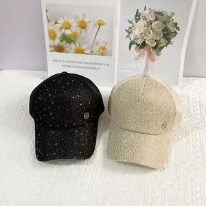 Breathable lace and sequin baseball caps with metallic logo for outdoor sun protection