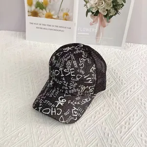 Detail of black baseball cap with white graffiti text and breathable mesh back