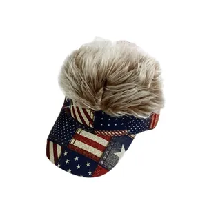 USA flag baseball cap with blond novelty wig hair for Independence Day hip-hop parties