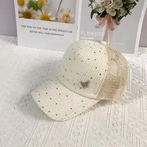 Detail of breathable mesh baseball cap with sequin stripes and metal butterfly buckle