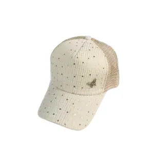 Breathable mesh trucker hat with sequins and a metal butterfly decoration in beige