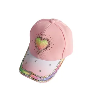 Pink baseball cap for women with gradient glitter heart and colorful rhinestones on brim