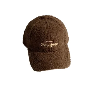 Winter lambswool baseball cap in dark coffee with New York embroidery for outdoor warmth