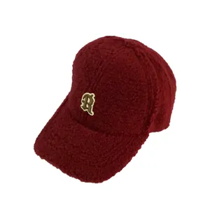 Winter warm burgundy teddy fleece baseball cap with R letter embroidery and wide brim