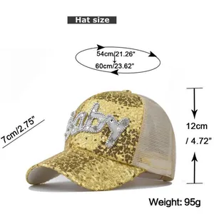 Detailed size guide for gold sequin baseball hat with Baby letter patch and pearls