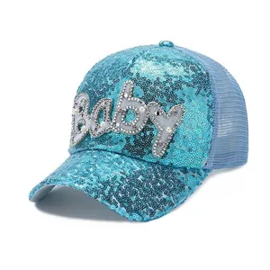 Blue sequin mesh baseball cap for kids with rhinestone and pearl Baby letter detail