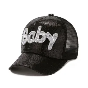 Fashionable black mesh trucker hat featuring shiny sequins and baby letter pearl patch