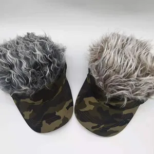 Camouflage sun visor hat with creative wig hair for men in outdoor sports style