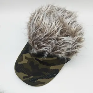 Top view of camouflage baseball cap with grey synthetic hair wig for parties