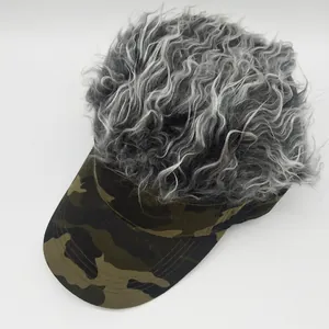 Detail view of camouflage baseball cap with grey wig hair on top for outdoor fun