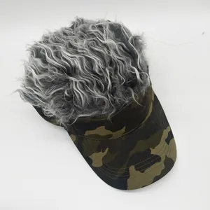 Detailed view of camouflage baseball cap with curly grey and white hair wig attachment