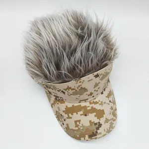 Detail showing camouflage cotton baseball cap with fuzzy grey synthetic hair on top