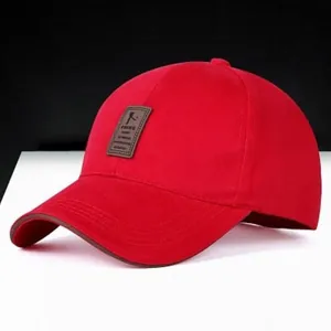 Classic red cotton golf baseball cap with premium brown leather logo patch and curved brim
