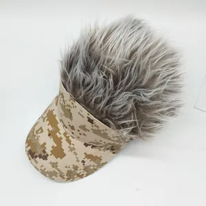 Detailed view of digital camouflage baseball cap with fluffy gray faux hair on top