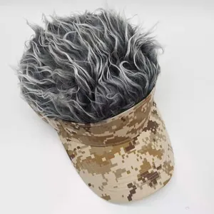 Detail of digital camouflage visor with long silver wavy synthetic hair extension