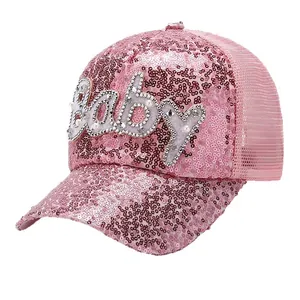 Pink sequin mesh baseball cap for girls with pearl rhinestone Baby letter design