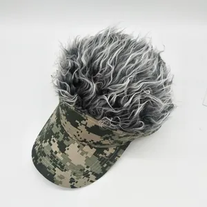 Detail of camouflage visor hat with long dense grey synthetic hair for outdoor wear