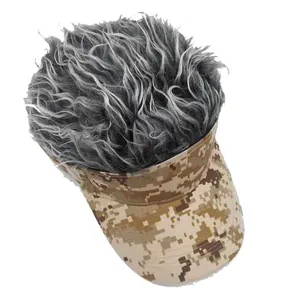 Digital camouflage visor hat with grey synthetic wig hair for outdoor parties and sun protection