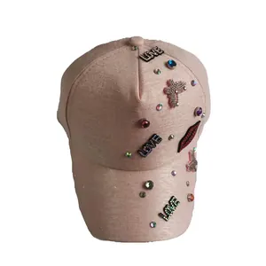 Pink baseball cap with LOVE rhinestones and red lips sequins for women sun protection