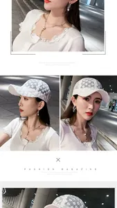 Detailed view of white floral lace baseball cap with rose gold ring pendant necklace