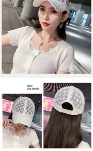 Detail view of breathable white floral lace embroidery and adjustable back strap on baseball cap