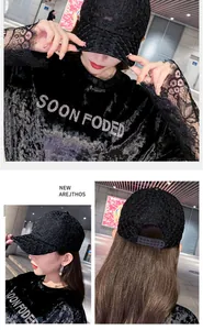 Close-up of black floral lace baseball cap with breathable hollow mesh texture and back strap