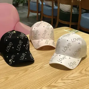 Women Fashion Satin-Look Baseball Cap Sparkly Rhinestone Love Letter Mercerized Cotton Sunshade Outdoor Casual Hat