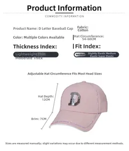 Größentabelle für verstellbare rosa Baumwollkappe mit D-Logo aus glitzernden Steinen