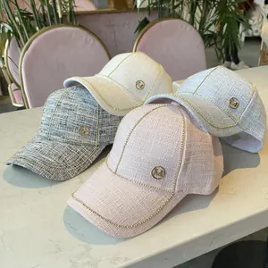 Women's Luxury Tweed Baseball Cap Metal Chain Decor Round M Letter Label Adjustable Fashion Sunshade Outdoor Peaked Hat