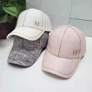 Women Luxury Tweed Baseball Cap With Metal Letter M Rhinestone Chain Decor Cotton Linen Adjustable Retro Sun Hat