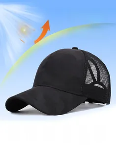 Detail showing breathable mesh back and camo texture of the sun protective baseball cap