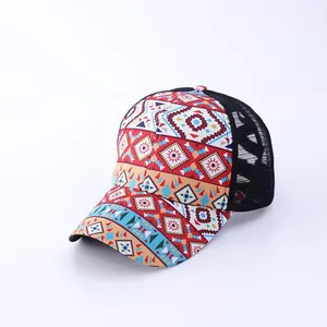 Macro detail of breathable mesh and geometric ethnic print on ponytail baseball cap