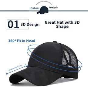 Detail view of the 7cm extended brim and breathable mesh back on the camouflage cap