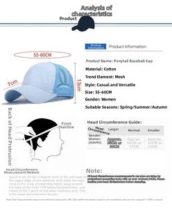 Size chart showing head circumference and dimensions for the ponytail camo baseball cap
