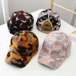 Winter camouflage knitted ponytail baseball caps with fleece lining and elastic crisscross